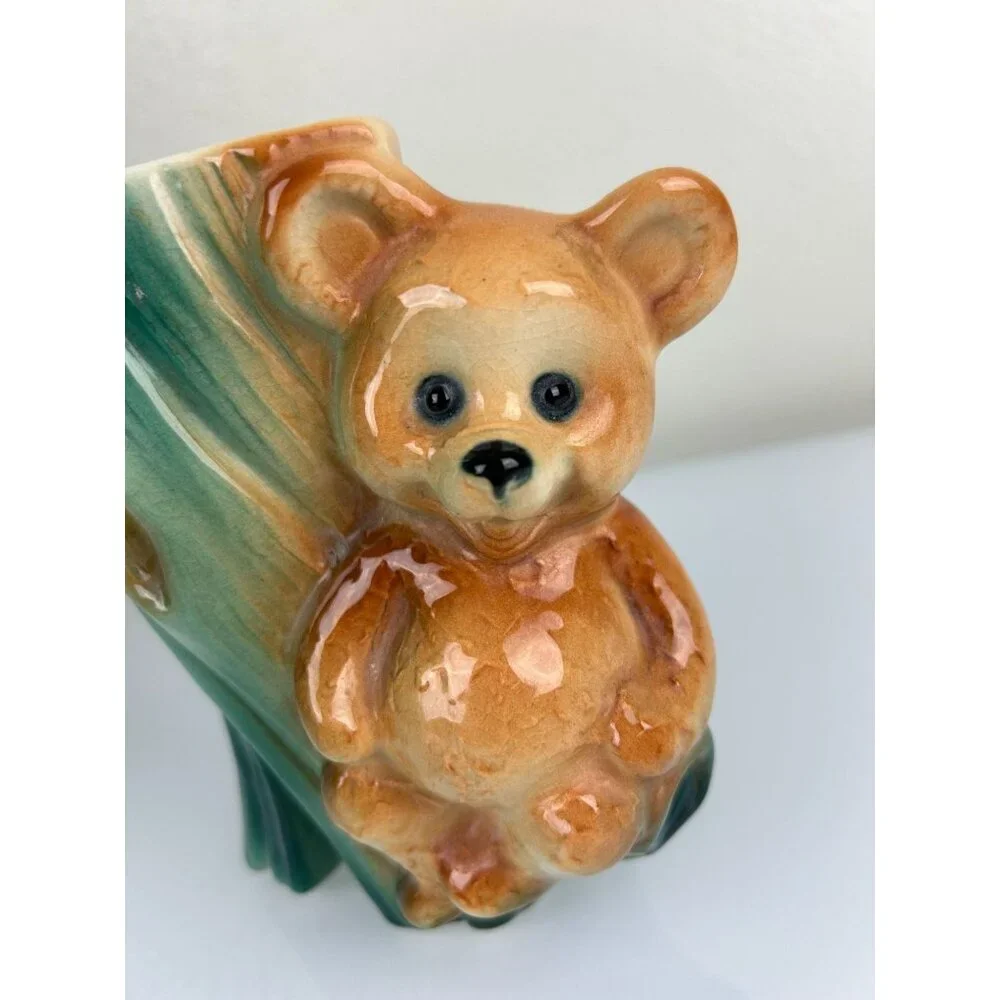 Vintage Royal Copley Bear & Tree Trunk Planter Vase Green Brown Animal Decor